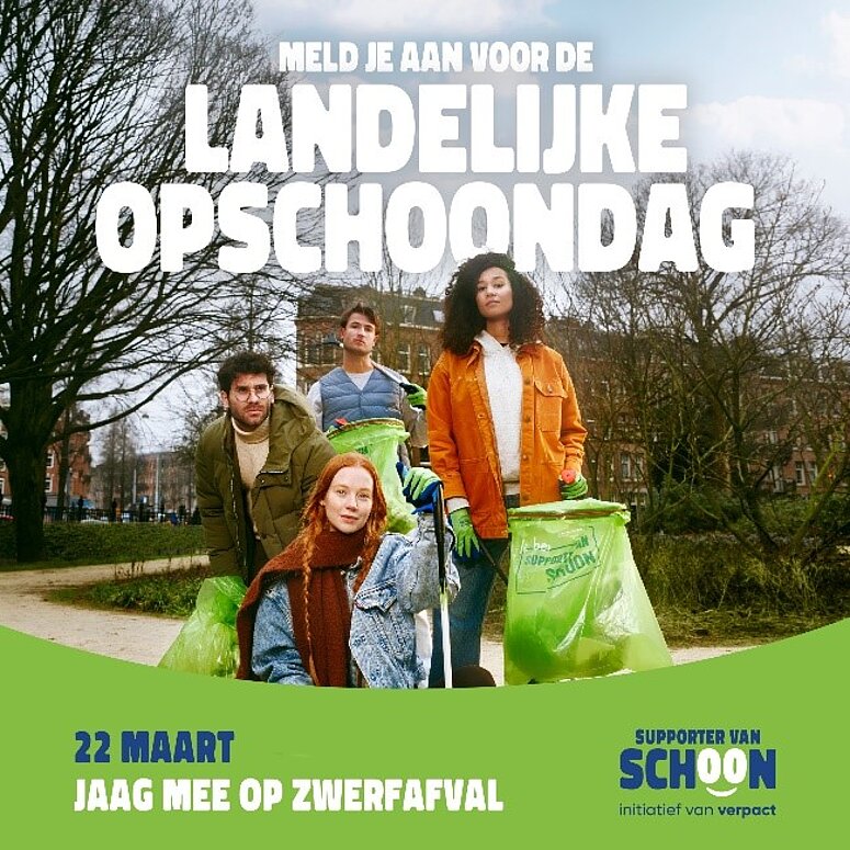 poster met mensen met afvalzak en grijper